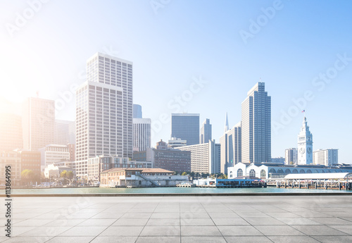 cityscape and skyline of san francisco at sunrise on view from e