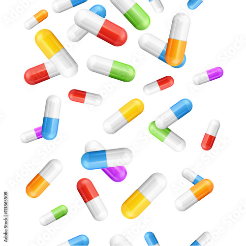 Falling Pills Color Capsules Background. Vector