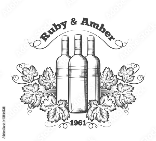 Wine label with bottles of wine and bunches of grapes. Vector illustration