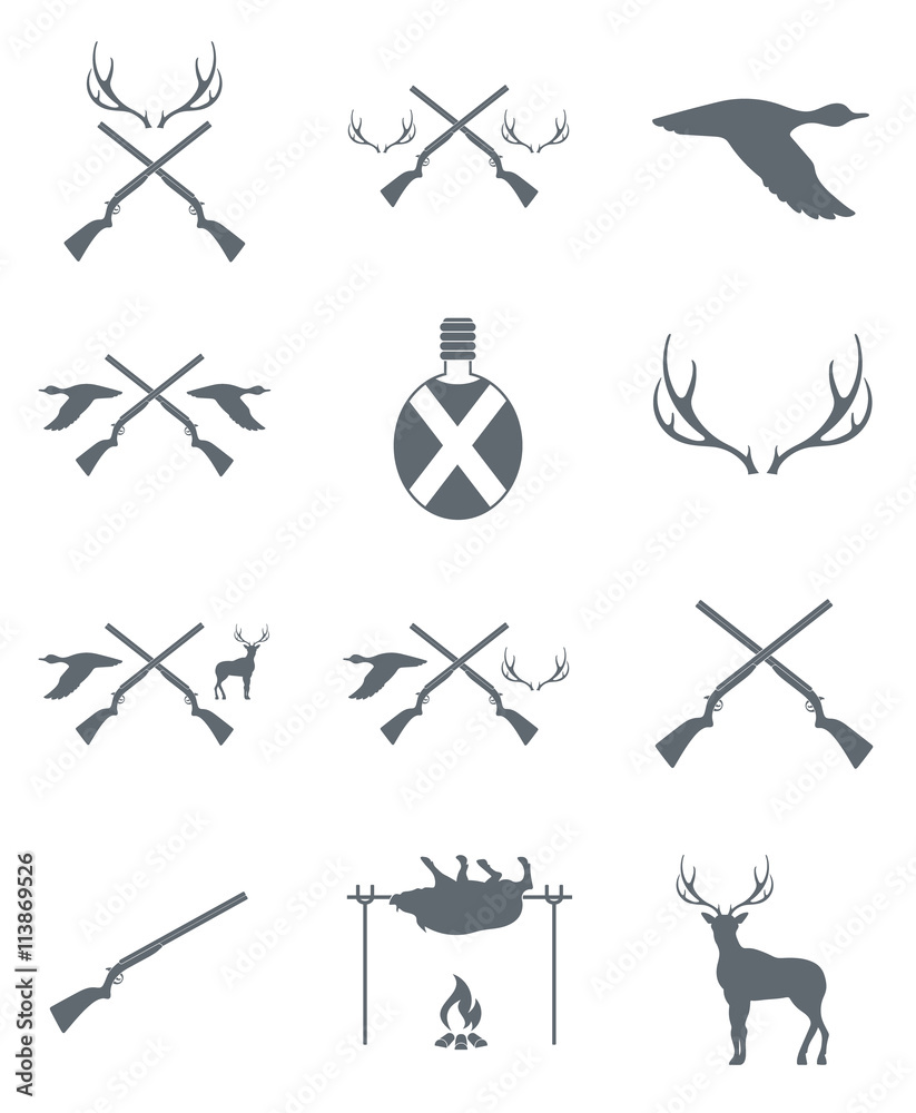 Obraz premium Hunting equipment and trophies icons set
