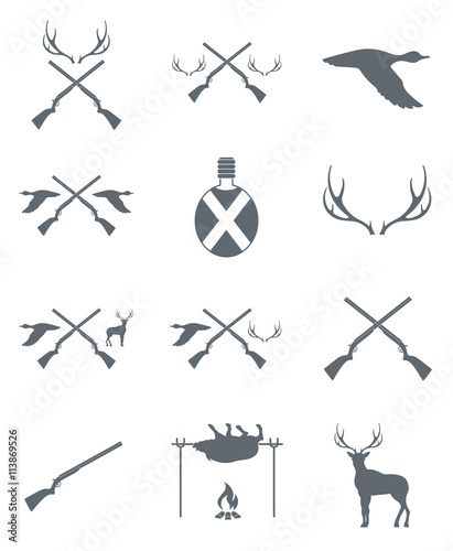 Hunting equipment and trophies icons set