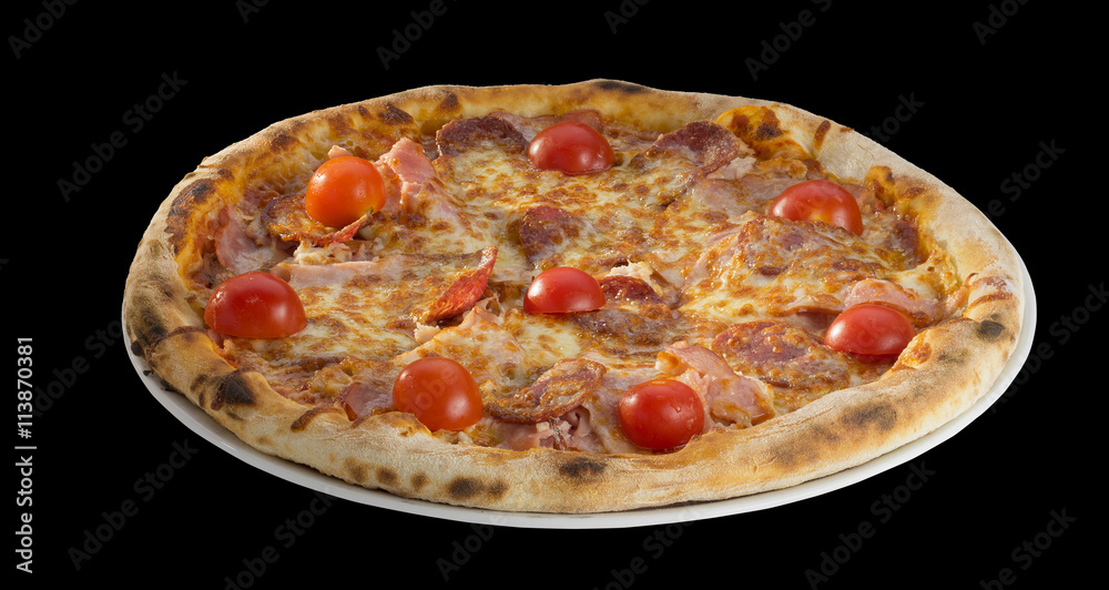 pizza with cherry tomatoes, prosciutto and cheese pizza with cherry tomatoes, prosciutto and cheese
