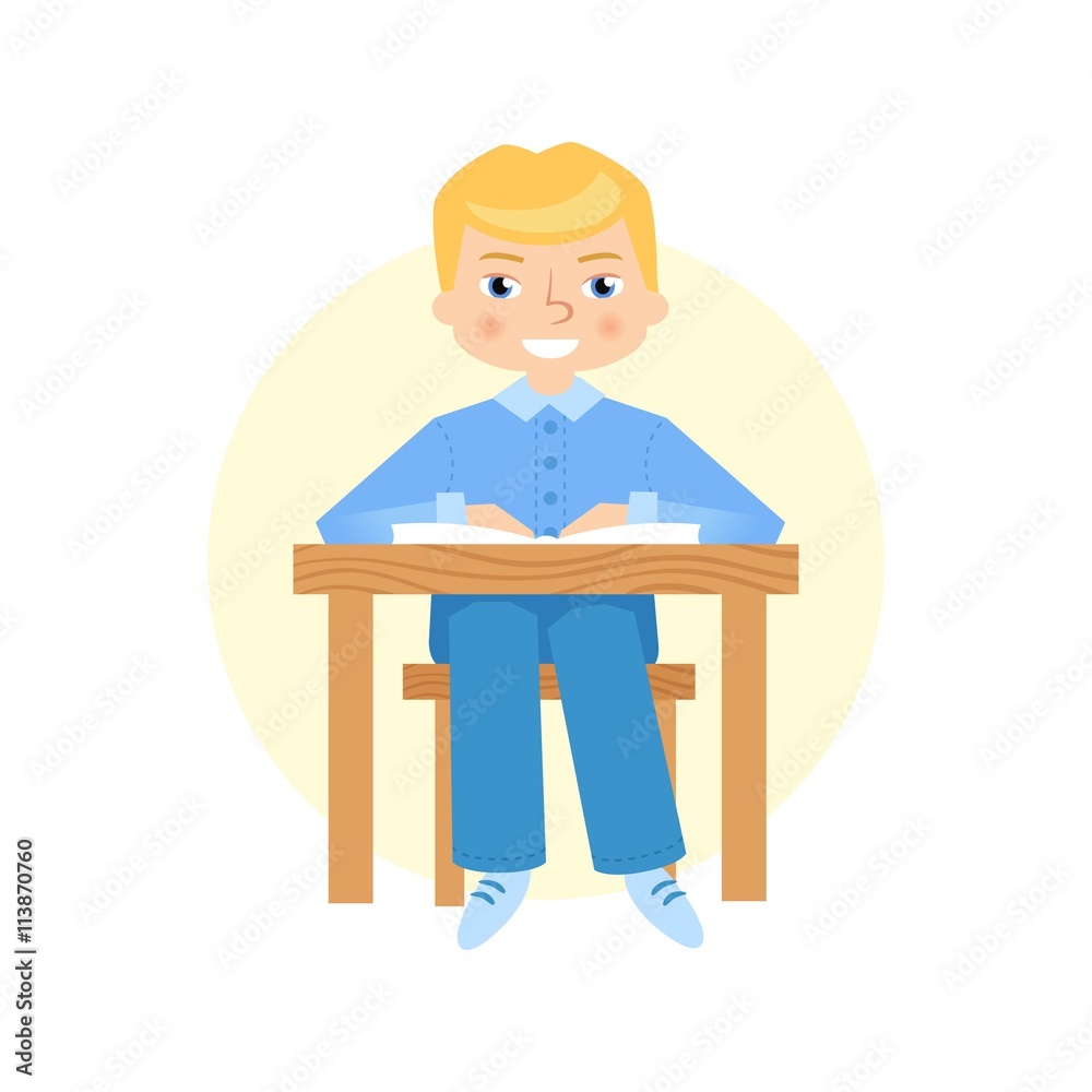 Schoolboy raising hand flat vector illustration.