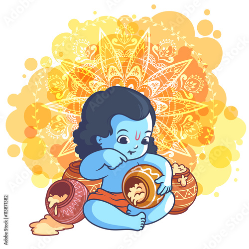 Little cartoon Krishna with a pot of makhan. photo