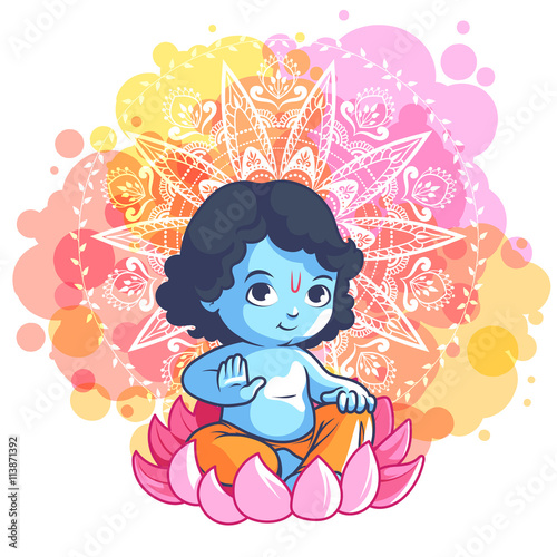 Little cartoon Krishna on the lotus.
