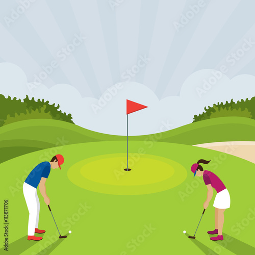 Man and Woman Playing Golf, Putt, Golf Course, on Green