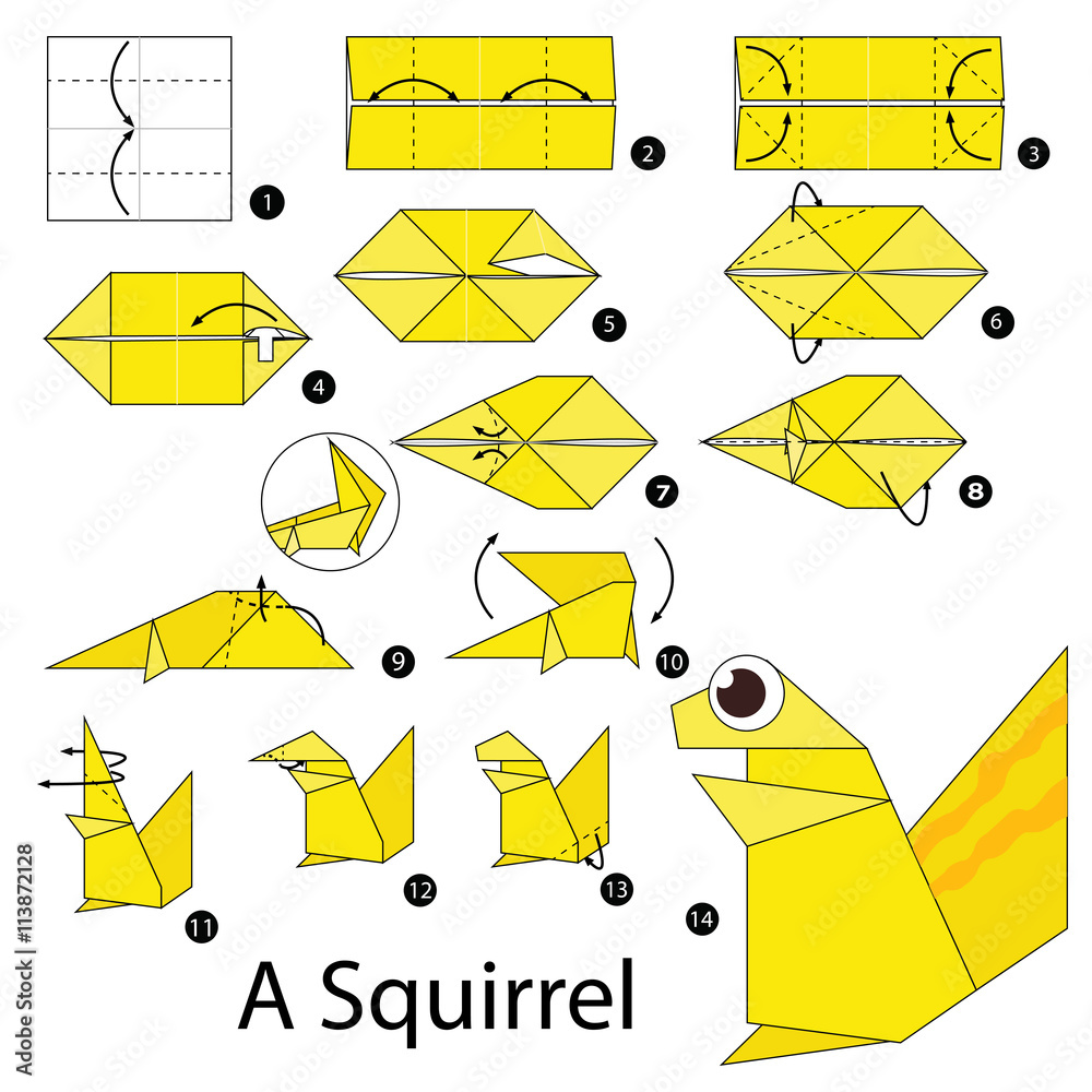 Белка оригами из бумаги для детей схема Step by step instructions how to make origami A Squirrel. Stock Vector Adobe Sto