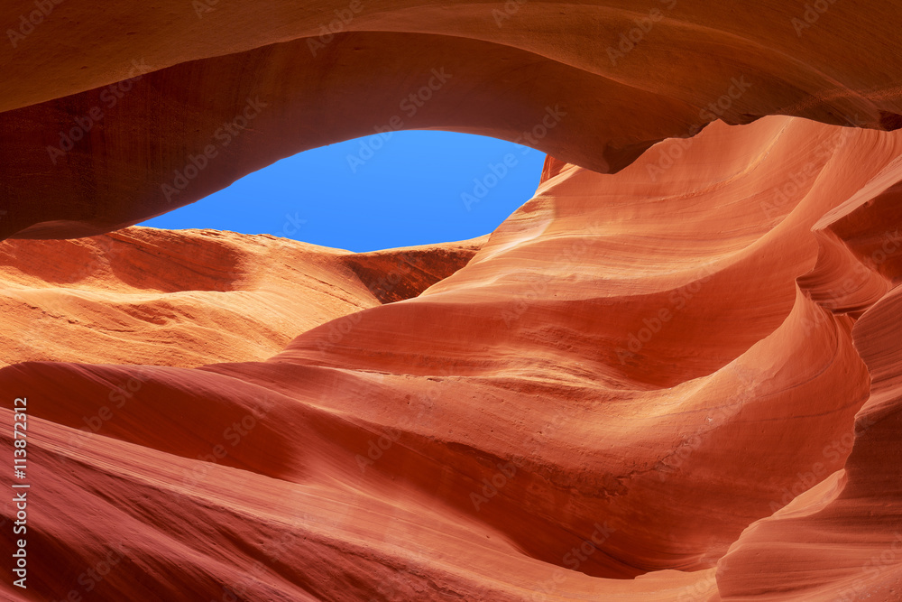 rock waves up to the blue sky, antelope canyon