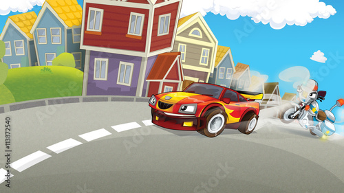 Cartoon scene of police pursuit - police motorbike chasing racing car - illustration for children