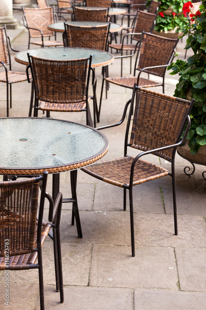 Street cafe tables and chairs in European city