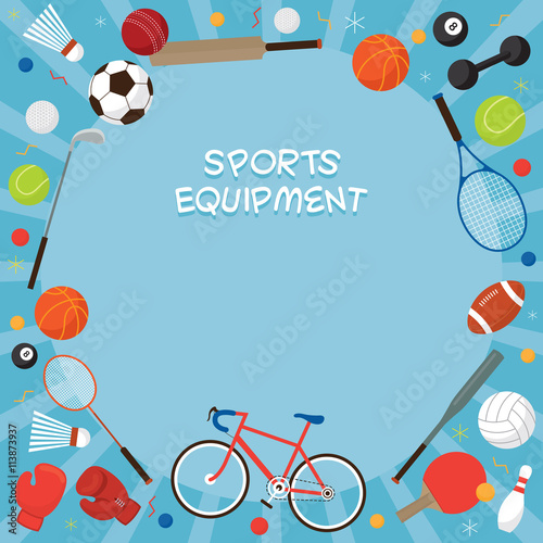 Sports Equipment, Flat Icons Frame, Objects, Recreation and Leisure, Blue Background