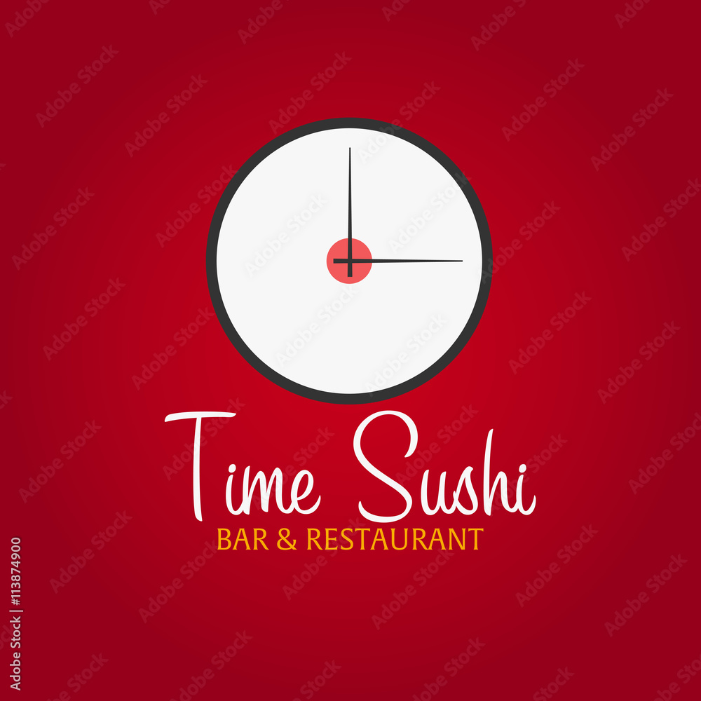Time sushi logo template design with chopstick. Bar, restaurant. Vector illustration. Stock