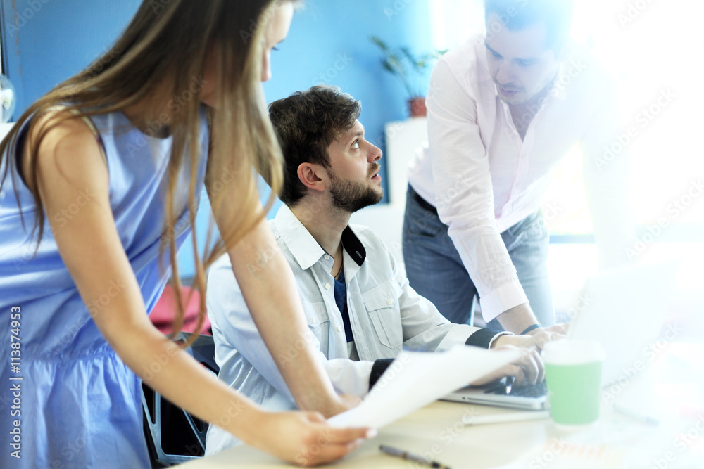 Fototapeta premium Young professionals work in modern office. Blurred,sunlights