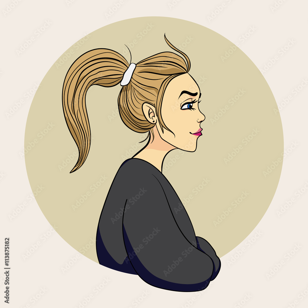 Profile of young beautiful woman with messy ponytail. Cartoon color vector  illustration. Stock Vector | Adobe Stock