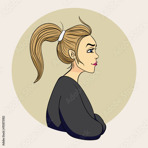 Profile of young beautiful woman with messy ponytail. Cartoon color vector illustration.