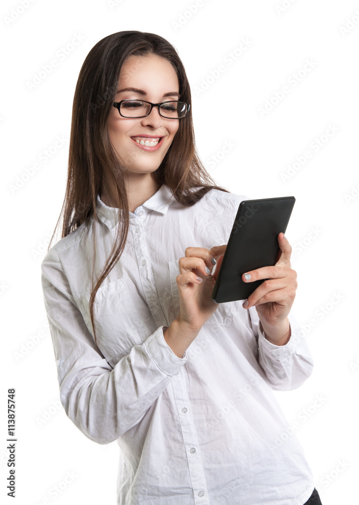 Joyful Beautiful young long-haired woman in glasses with an e-book. Human emotions, laughter, smile, joy. Joyful Beautiful young long-haired woman in glasses with an e-book. Human emotions, laughter, smile, joy.