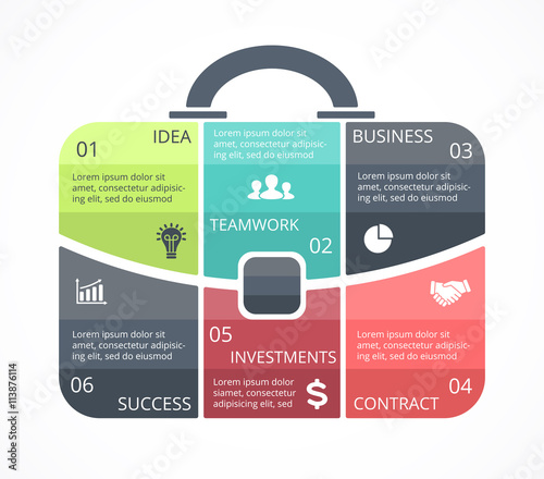 Vector briefcase infographic. Template for bag diagram, graph, presentation, round chart. Business professional portfolio with 6 options, parts, steps or processes. Travel and tourism concept.