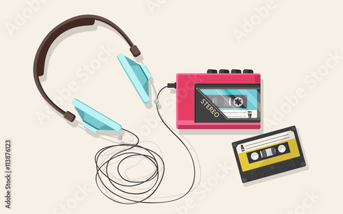 Headphones, player and retro compact cassette. Top view flat vector illustration.

