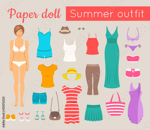 Paper doll game for girl. Vector flat style illustration. Cut out a figure of a young beautiful girl and dress her up in fashionable casual summer clothes and footwear. Women summer vacation wardrobe