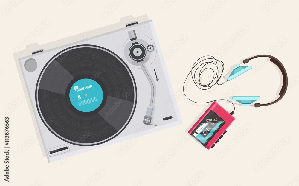 Flat illustration, Top view of retro vinyl player, turntable and casette player with headphone,
Flat illustration, Top view of retro vinyl player, turntable and casette player with headphone,