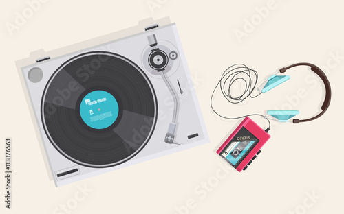 Flat illustration, Top view of retro vinyl player, turntable and casette player with headphone,

