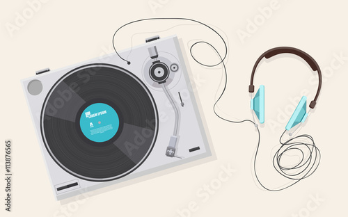 Flat illustration, Top view of retro vinyl player, turntable with headphone,


