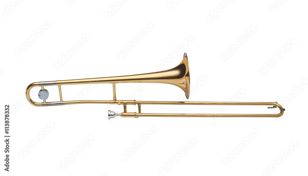 Naklejka premium golden brass tenor trombone isolated on white background