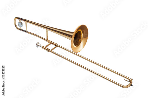 golden brass tenor trombone isolated on white background