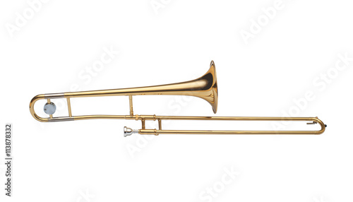 golden brass tenor trombone isolated on white background photo
