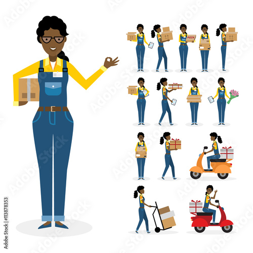 African american postwoman set. Isolated cartoon character. White background. All delivery equipment.