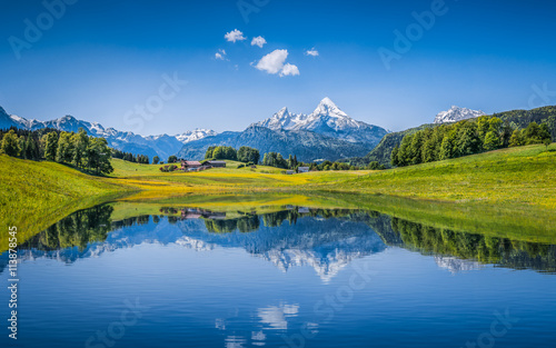 Fototapeta Naklejka Na Ścianę i Meble -  Idyllic summer landscape with mountain lake and Alps