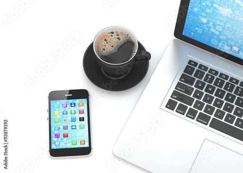 Laptop smartphone and coffee cup on white. 3d rendering.