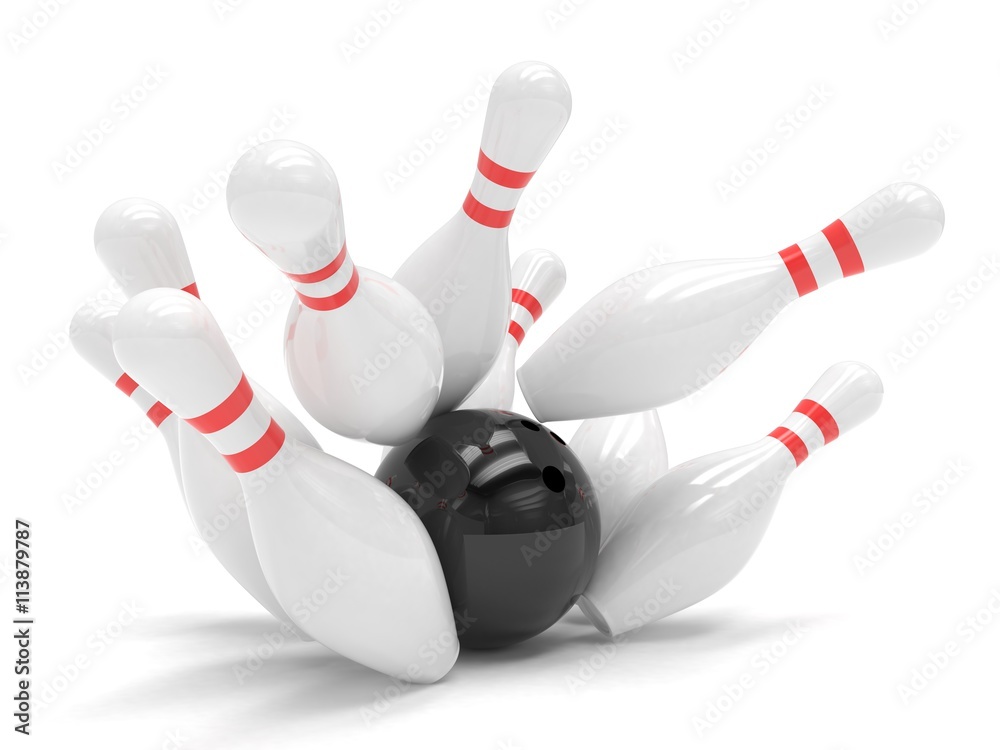 Bowling ball and skittles isolated. 3d rendering. Bowling ball and skittles isolated. 3d rendering.