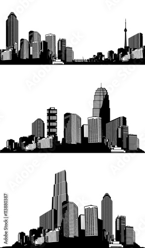 Set of black and white panorama cities. Vector art