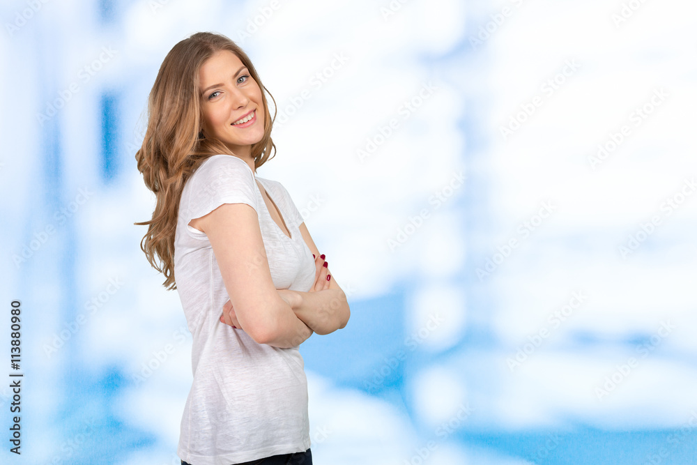 portrait of attractive caucasian smiling woman portrait of attractive caucasian smiling woman