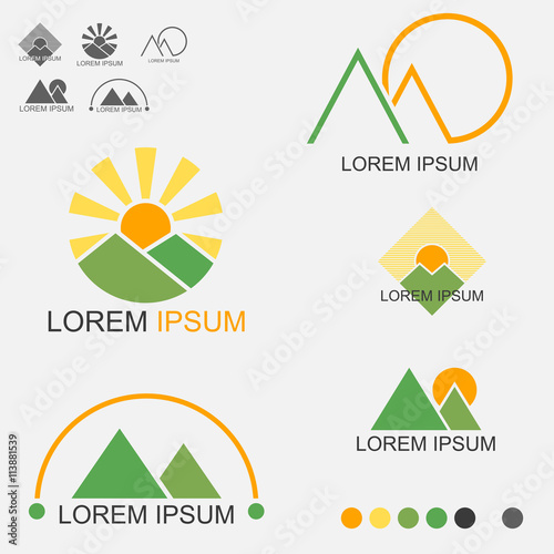 Sunrise And Sunset Behind Both Mountain Logo Set - Vector