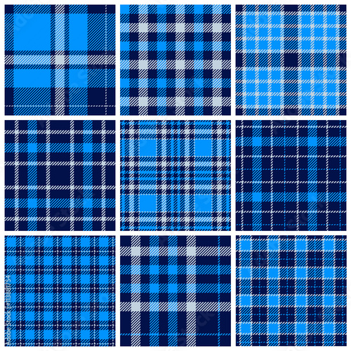 Set of plaid seamless patterns. Blue colors. Vector illustration