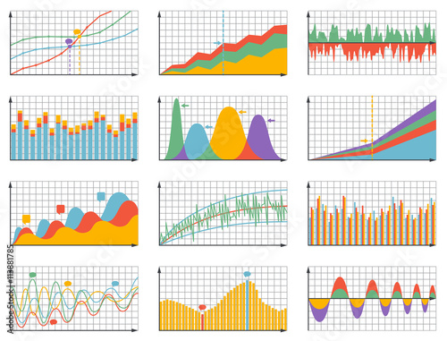 Set of detailed business graphs and charts. Vector illustration. 