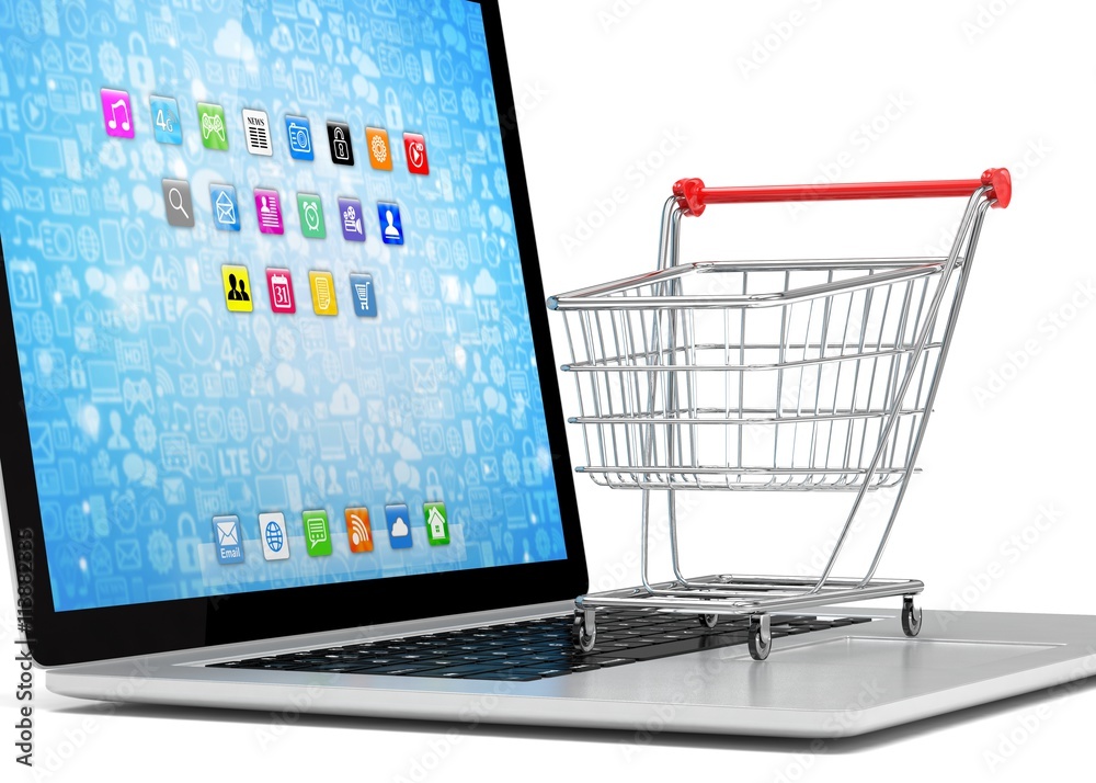 Shopping cart on laptop. 3d rendering.