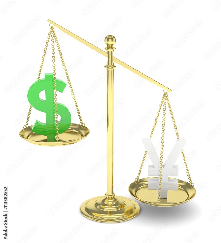 Isolated old fashioned pan scale with dollar and yuan,yen on white background. American and chinese and japanese currency. Yuan is heavier. Silver yuan, green usd. 3D rendering. Isolated old fashioned pan scale with dollar and yuan,yen on white background. American and chinese and japanese currency. Yuan is heavier. Silver yuan, green usd. 3D rendering.