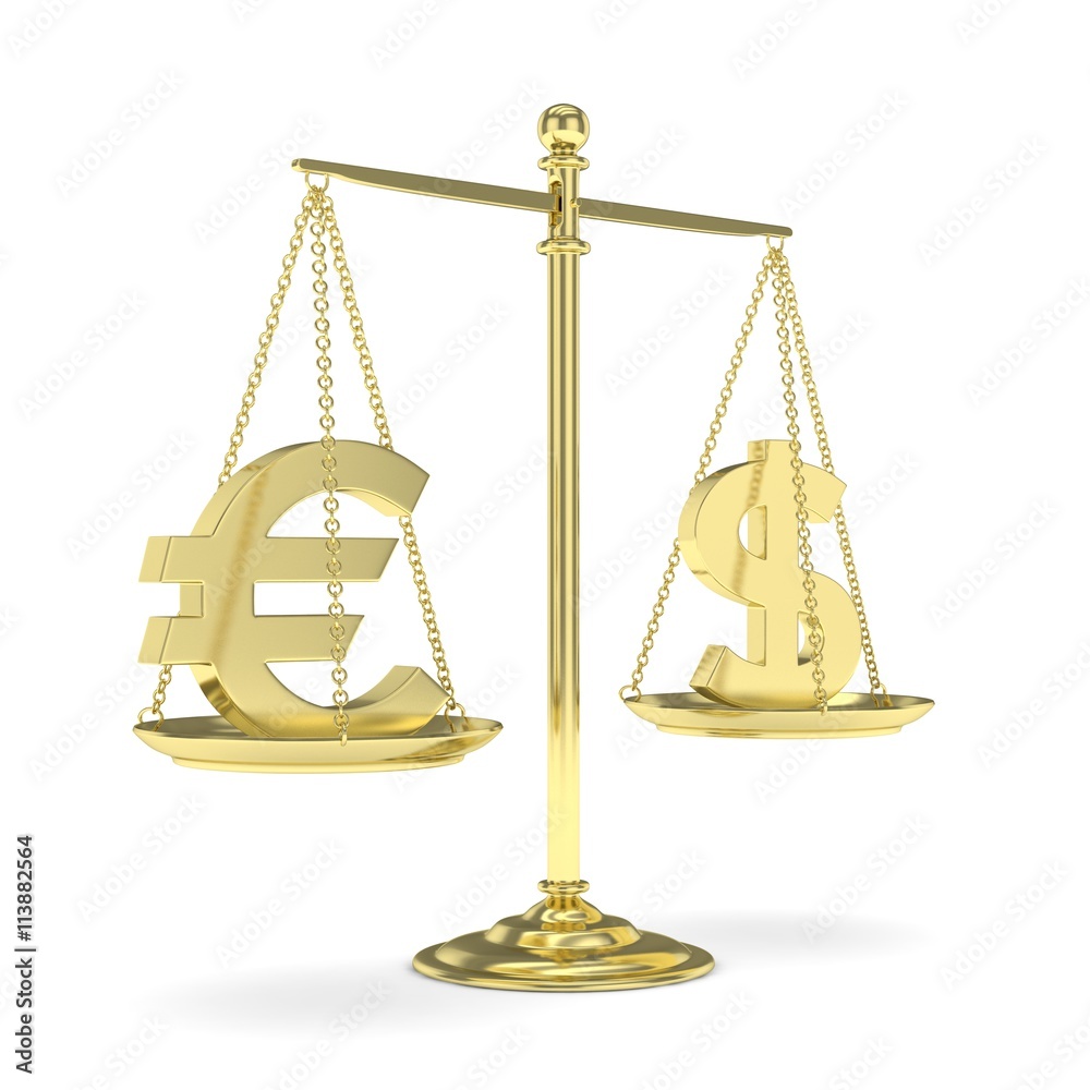 Isolated golden scales with dollar and euro currency. American and european finance. Measuring of market stability. 3D rendering. Isolated golden scales with dollar and euro currency. American and european finance. Measuring of market stability. 3D rendering.