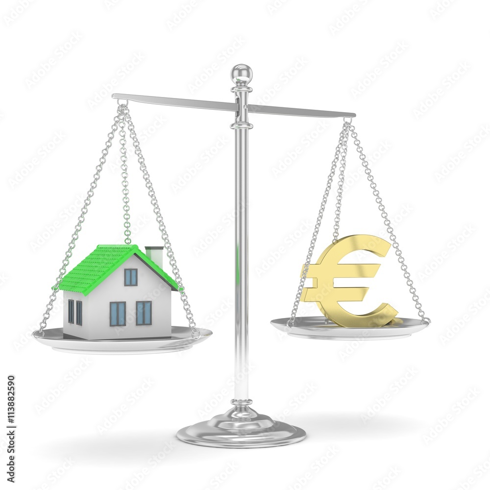 Isolated silver scales with golden euro and house on white background. Investment or savings concept. Real estate and currency. 3D rendering. Isolated silver scales with golden euro and house on white background. Investment or savings concept. Real estate and currency. 3D rendering.