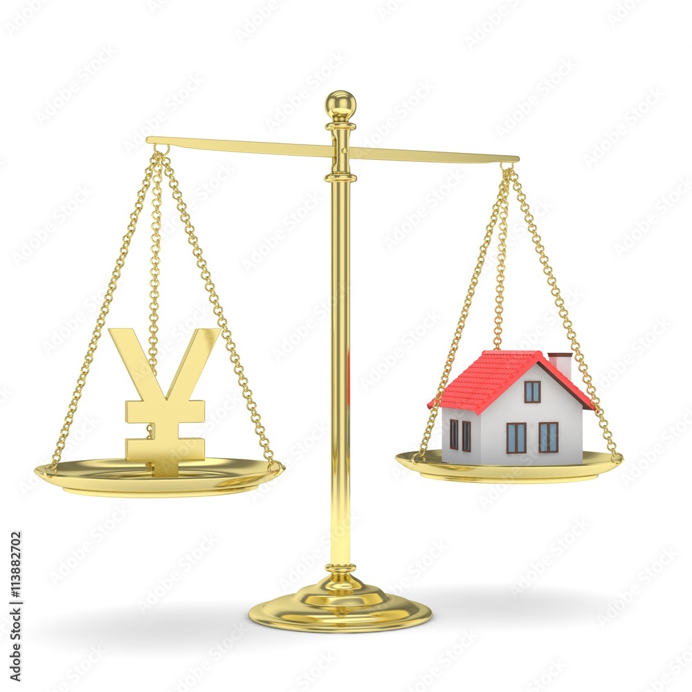 Isolated golden scales with golden yuan and house on white background. Investment or savings concept. Real estate and currency. 3D rendering. Isolated golden scales with golden yuan and house on white background. Investment or savings concept. Real estate and currency. 3D rendering.
