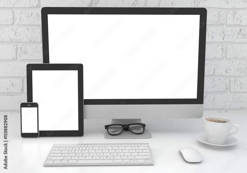 Fototapeta premium Responsive mockup screen. Monitor, tablet, phone on table in office. 3d rendering.