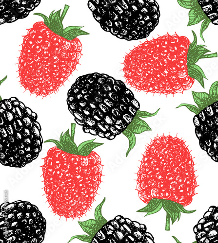 vector hand-drawn seamless background with raspberry and blackberry