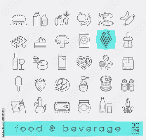 Collection of food and beverage icons. Set of flat line food stuffs. Vector illustration.