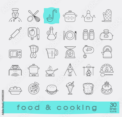 Wallpaper Mural Set of premium quality food and cooking icons. Cooking and preparing meals. Various kitchen items. Vector illustration. Torontodigital.ca