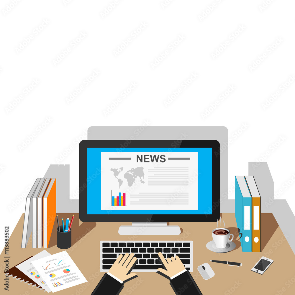 Reading online news with computer design illustration.
Reading online news with computer design illustration.