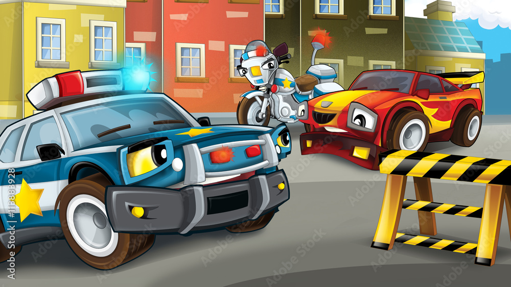 Plakat Kreskówki scena policyjna pogoń - samochód łapiąca - ilustracja dla dzieci