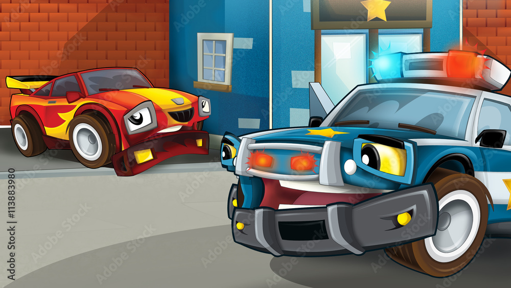 Cartoon scene of police pursuit - car caught - illustration for children